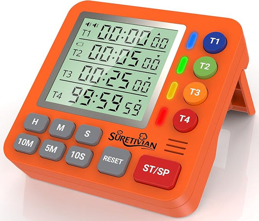 Digital Kitchen Timer for Cooking - 4 Channel Count Up Countdown Timer with Loud Alarm and Silent Mode, Large Display, Magnetic Back, Auto Memory for Classroom Study Gym, Battery Included (Orange) by SURETIVIAN