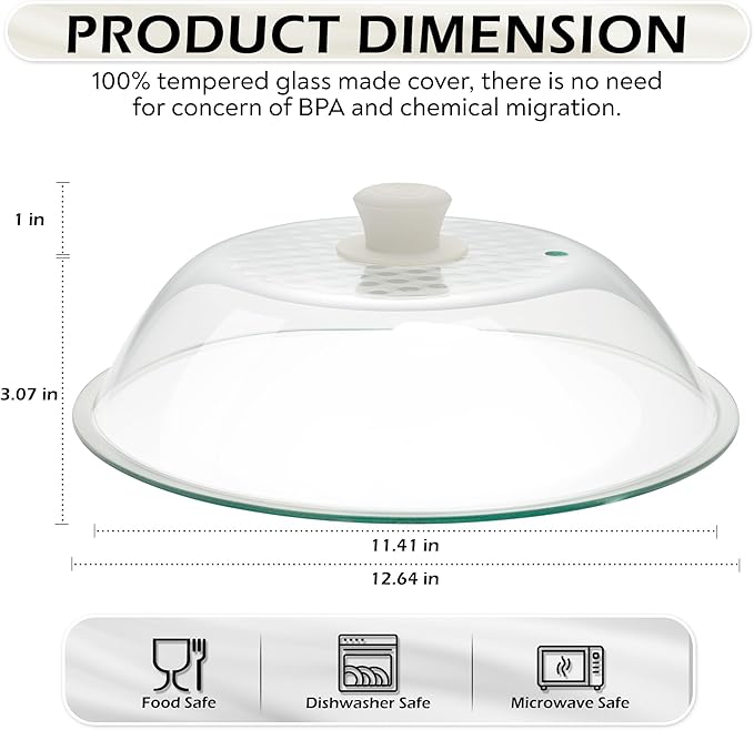 OEC Lighter Weight Tempered Glass Microwave Splatter Cover - 12.5 inch (Inner Diameter 11.4”) - Heat-Resistant - Durable Glass Lid with Vent, Silicone Knob, Dishwasher Safe, 100% Food Grade - BPA Free - Image 2