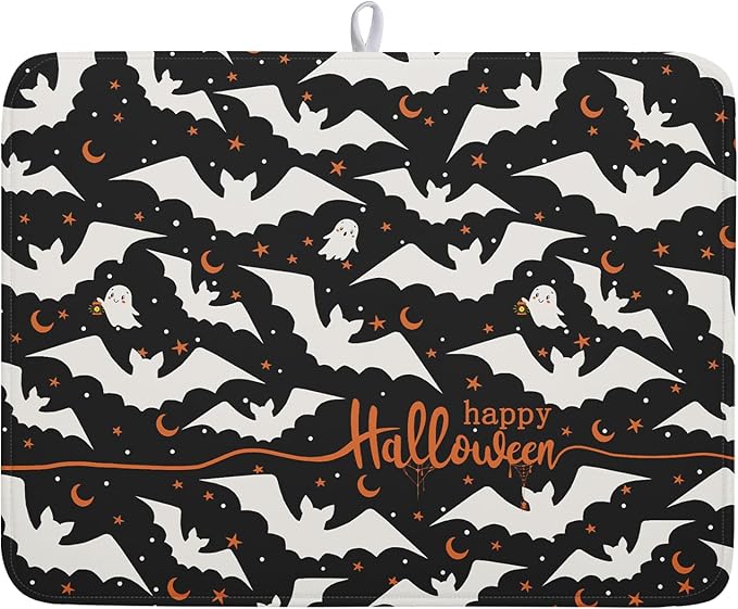 Halloween Drying Mats for Kitchen Counter 18”x24” Happy Halloween Spooky Bat Dishes Pad Microfiber Absorbent Fast Dry Dish Draining Mats Halloween Kitchen Decor Table Protector for Bar Countertop