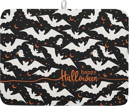 Halloween Drying Mats for Kitchen Counter 18”x24” Happy Halloween Spooky Bat Dishes Pad Microfiber Absorbent Fast Dry Dish Draining Mats Halloween Kitchen Decor Table Protector for Bar Countertop