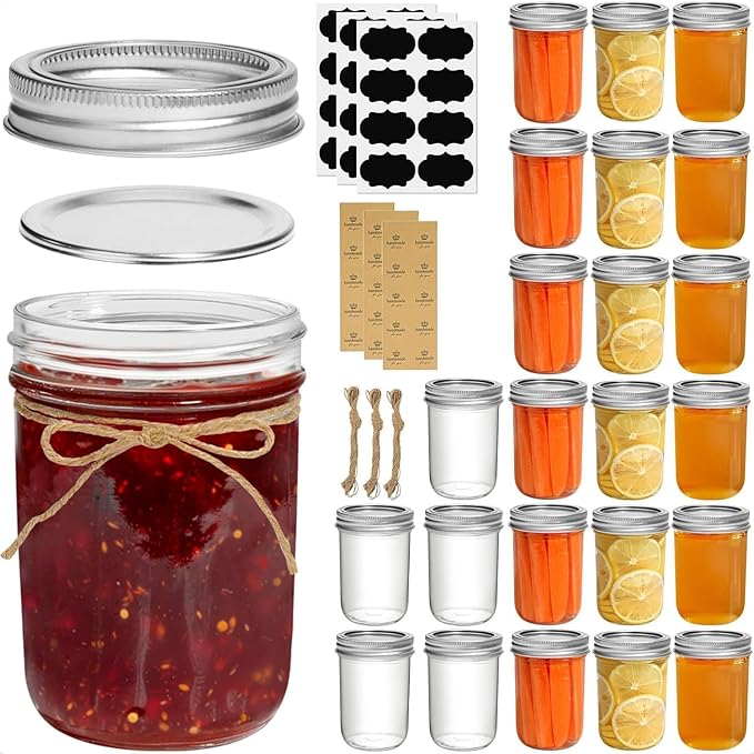 ComSaf Small Mason Jars 8 oz 24Pcs Bulk Set, Half Pint Regular Mouth Mason Jar with Lids and Seal Bands, Glass Canning Jars for Jam, Jelly, Spice, Meal Prep, Shower Wedding Favors, DIY Candles Decor by ComSaf