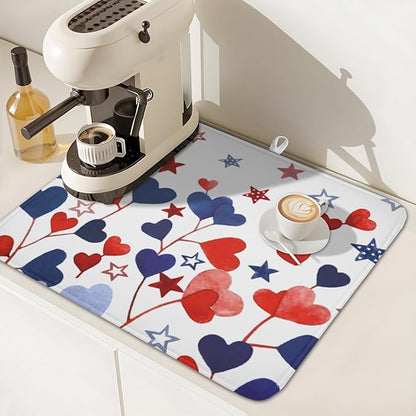 4th of July Dish Drying Mat for Kitchen Counter Patriotic Red Blue Star Love Heart Pattern Microfiber Dish Drainer Mat Independece Day Absorbent Washable Drying Pad 16"x18"
