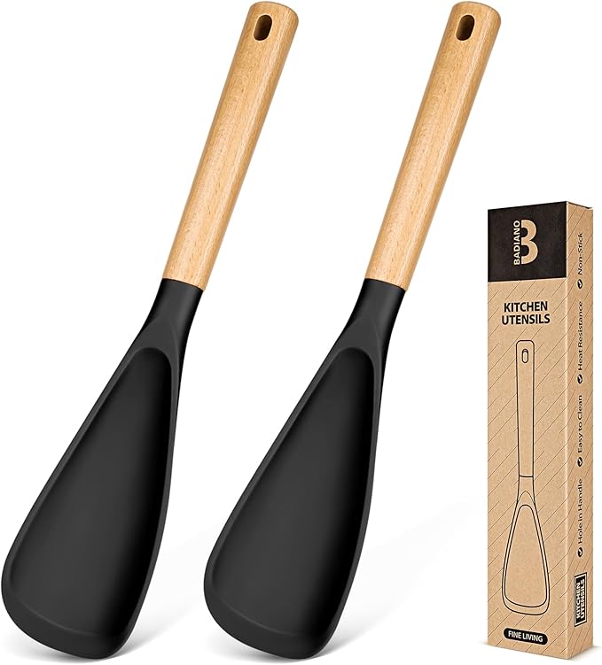 Cooking Spoon for Nonstick Cookwares, Great for Cooking and Serving Sturdy BPA-Free Matte Silicone, Wood Handle Spoon for Mixing, Scoop, and Scrape (2 Pack of Black, 13.4 inch) by BADIANO