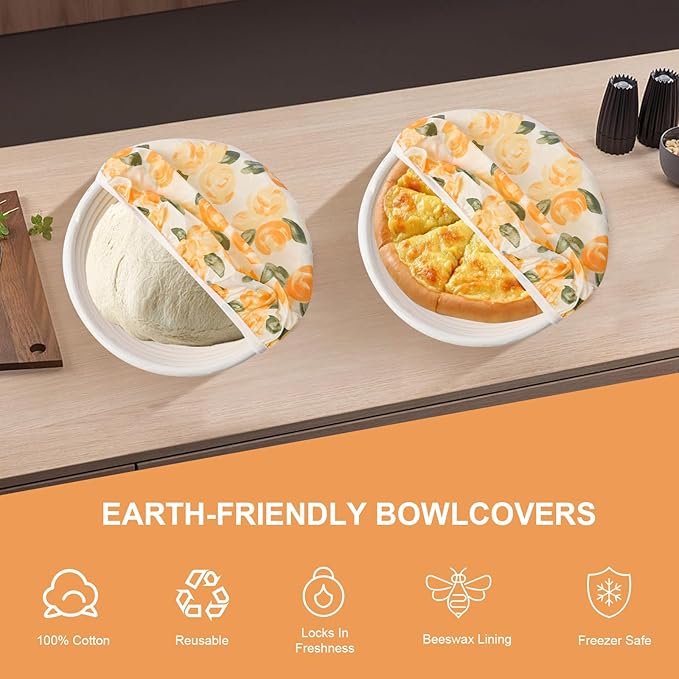 2Pcs Reusable Bowl Covers for Bread Proofing - Cotton Beeswax Bowl Covers Reusable with Elastic Rim, Eco-Friendly Sourdough Bowl Cover for Food Storage (10INCH) (Tulip)