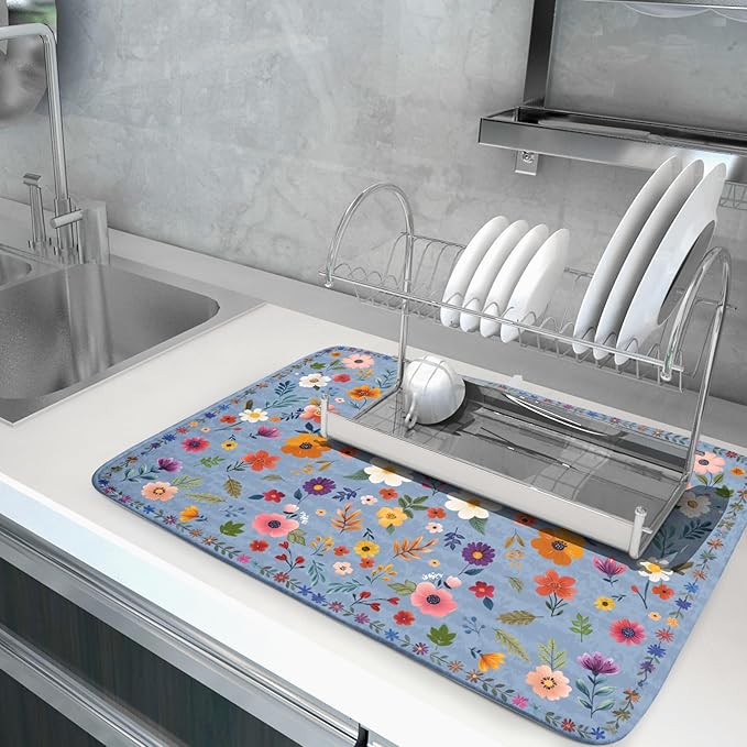 Colorful Flower Dish Drying Mat - Blue Large Floral Coffee Mat for Kitchen Counter Decor 18 X 24 - Image 5