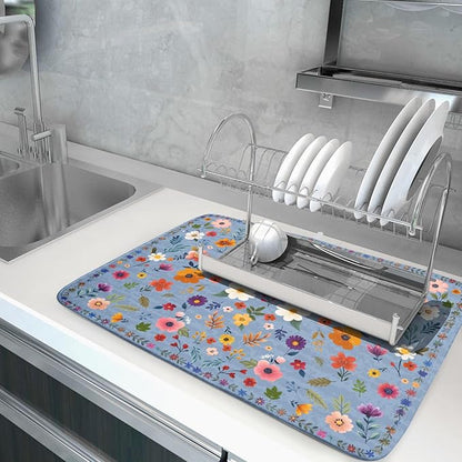 Colorful Flower Dish Drying Mat - Blue Large Floral Coffee Mat for Kitchen Counter Decor 18 X 24 - Image 5