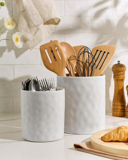 famiware Ocean Utensil Holder, 7.2"+5.8" Ceramic Kitchen Utensil Holder for Countertop, Cooking Utensil Crocks, Utensil Organizer for Spatula & Spoon, Kitchen Decor, Set of 2, Matte White - Image 5