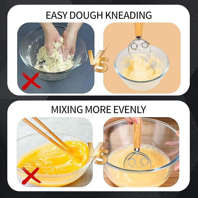 Danish Dough Whisk Stainless Steel Wooden Handle for Sourdough Bread Pastry and Pizza Baking - Image 7