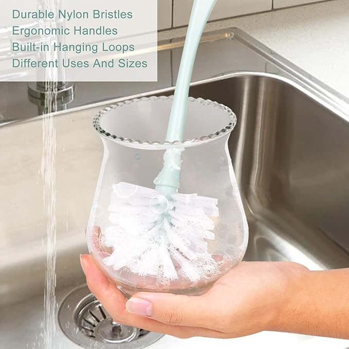 Dish Brush with Handle, Kitchen Dish Scrub Brush Set, 4-Piece Kitchen Cleaning Brush Set for Pots and Bottles, Nordic Green - Image 4