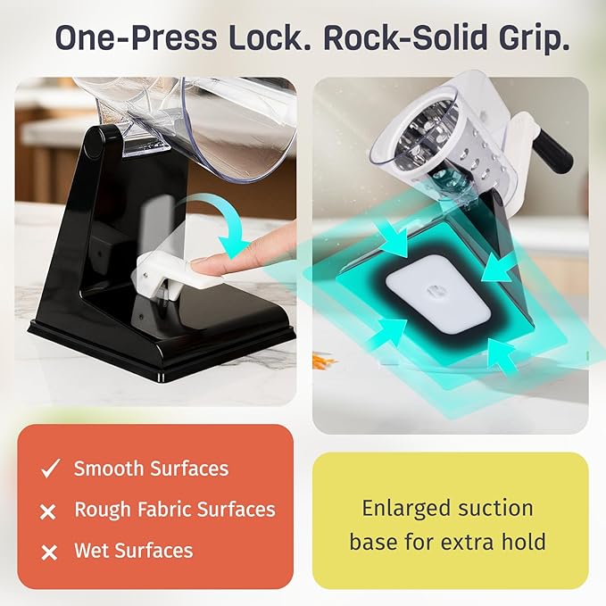 Upgraded Rotary Cheese Grater with 3 Interchangeable Stainless Steel Drums, One-Press Powerful Suction Manual Vegetable Shredder & Slicer for Kitchen, 15pcs Storage Bags Included, Black