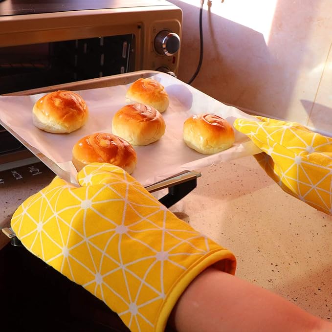 Oven Mitts and Potholders BBQ Gloves-Oven Mitts and Pot Holders with Recycled Infill Silicone Non-Slip Cooking Gloves for Cooking Baking Grilling (4-Piece Set) (Yellow-02) - Image 3