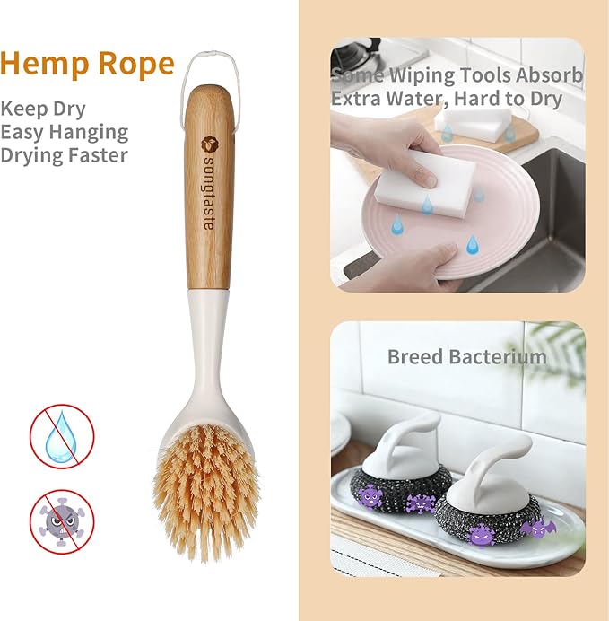 2 Pack Kitchen Dish Brush Bamboo Handle Dish Scrubber Built-in Scraper, Scrub Brush for Pans, Pots, Kitchen Sink Cleaning, Dishwashing and Cleaning Brushes are Perfect Cleaning Tools, White - Image 2