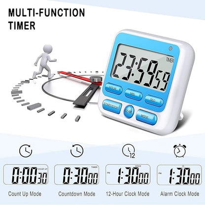 KTKUDY Digital Kitchen Timer with Mute/Loud Alarm Switch ON/Off Switch, 12-Hour Clock & Alarm, Memory Function Count Up & Count Down for Kids Teachers Cooking, Large LCD Display, Strong Magnet (Blue) - Image 4