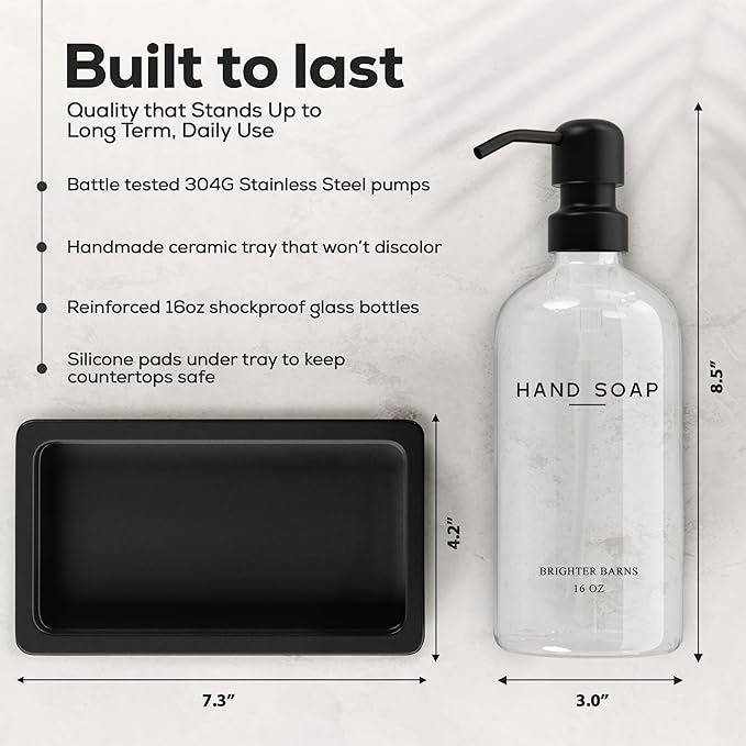 Glass Hand and Dish Soap Dispenser Set by Brighter Barns - Kitchen Soap Dispenser Set with Tray, Stainless Steel Pump - Glass Bottles for Sink - Black Kitchen Accessories for Home, Hotel, Gift (Clear) - Image 3
