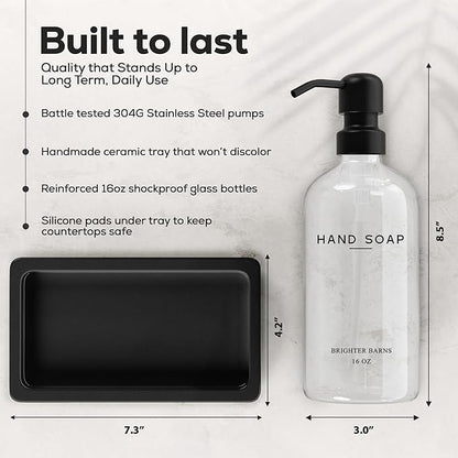 Glass Hand and Dish Soap Dispenser Set by Brighter Barns - Kitchen Soap Dispenser Set with Tray, Stainless Steel Pump - Glass Bottles for Sink - Black Kitchen Accessories for Home, Hotel, Gift (Clear) - Image 3