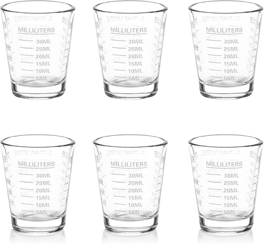 SAIAOKJ Shot Glasses Measuring Cup Set 6 Pack Espresso Shot Glasses Liquid Heavy Glass 26-Incremental Measurement 1 OZ, 2 TBS, 6 TSP, 30 ML Kitchen Tools(White)