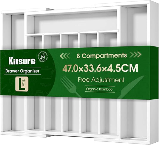 Kitsure Silverware Organizer - Expandable Bamboo Kitchen Drawer Organizer for Cooking Utensils and Cutlery, Sturdy & Thickened Kitchen Organizers and Storage Solution, Large, White by Kitsure