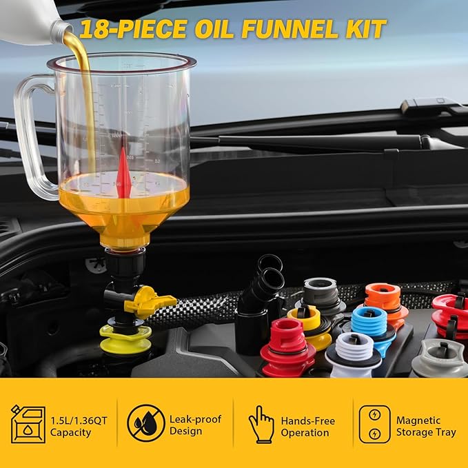 18-Piece No Spill Engine Oil Funnel Kit, 1.59QT/ 1.5L Automotive Coolant Funnel Set, 12 Adapters, Elbow Fitting, Arrow Screen & Magnetic Tray, Compatible with GM, Ford, BMW, Audi, Land Rover Etc - Image 8