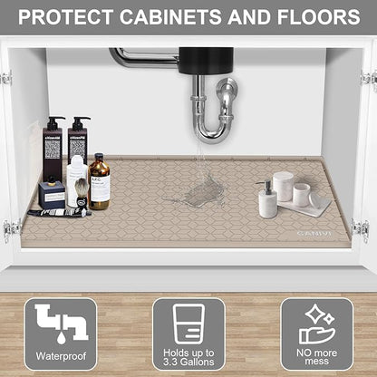 Under Sink Mat, 31" x 22" Waterproof Silicone Under Sink Tray for Kitchen & Laundry Cabinets, Kitchen Cabinet Shelf Protector, Up to 3.2 Gallons Liquid, Fits 36 inch Standard Cabinet(Apricot)