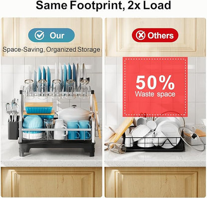 GSlife Stainless Steel Dish Drying Rack 2 Tier, Compact Dish Racks for Kitchen Counter with Cutting Board Holder, Auto-Drain Spout, Rust Proof Dish Drainer for Apartment, 21" L x 12.6" W, Silver - Image 5