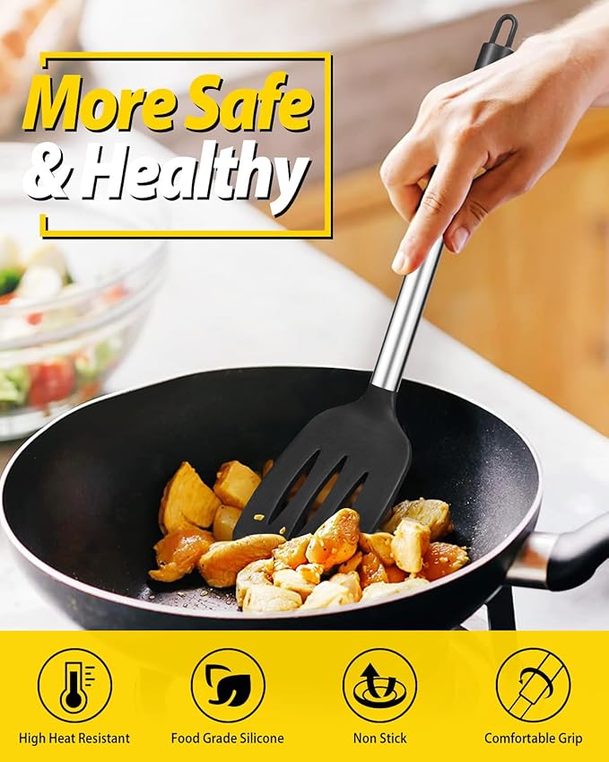 Pack of 2 Silicone Solid Turner, Non Stick Slotted Kitchen Spatulas, High Heat Resistant BPA Free Cooking Utensils, Ideal Cookware for Fish, Eggs, Pancakes(Black-White) - Image 4