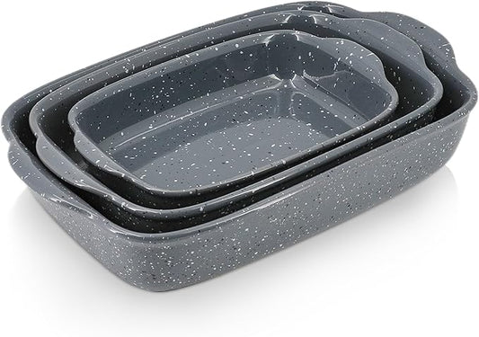 Ceramic Bakeware Dish Set of 3, Rectangular Baking Casserole for Oven,High Heat Resistant,Lasagna Pan Deep with Handles,Handcraft Speckle Series (13.8''/12''/9.6''Grey) by Krokori