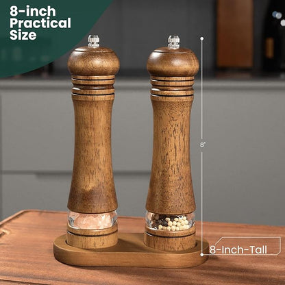 2-Piece Salt and Pepper Grinder Set with Wood Tray, 8 Inch Wooden Salt and Pepper Mills with Adjustable Coarseness, Refillable Manual Pepper Mill Grinder for Home Cooks (Brown)