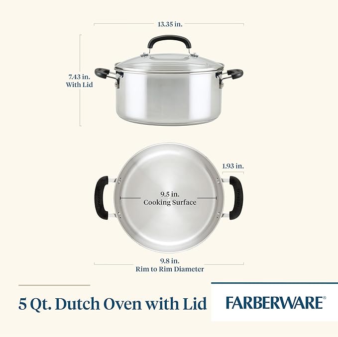 Farberware Brilliance Stainless Steel Dutch Oven/Casserole Pan with Glass Lid, 5 Quart, Dishwasher Safe and Induction Ready, Compatible with All Cooktops, Stainless Steel - Image 2