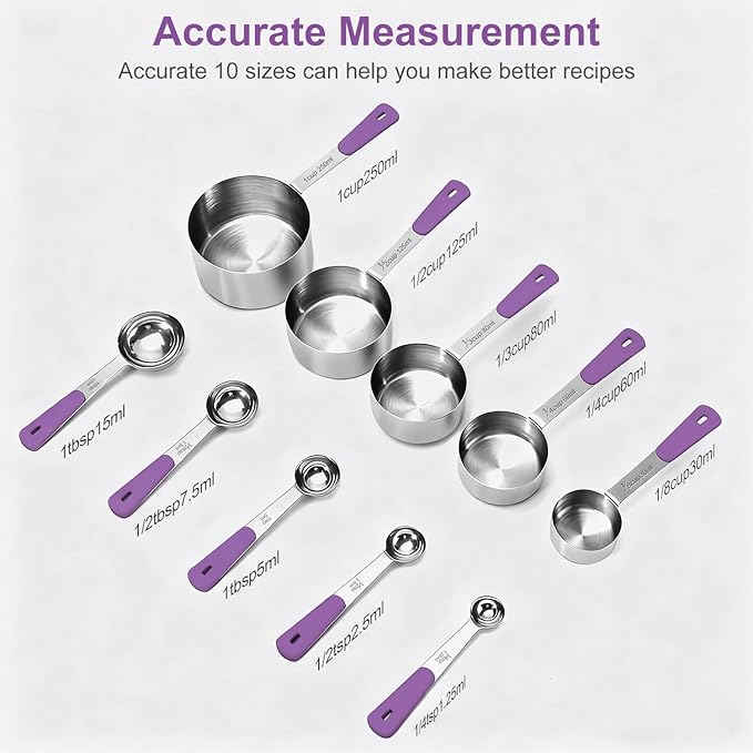 Bopei Measuring Cups and Spoons Set Stainless Steel 10 Piece for Cooking and Baking (5 Cups + 5 Spoons, Purple Handle) - Image 2
