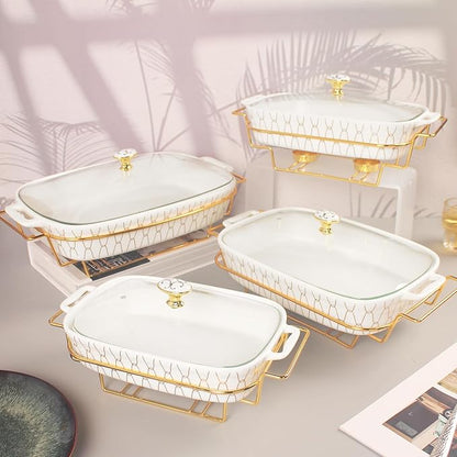 10" x 7" Ceramic Casserole Dish with Glass Lid and Rack, 40 ounce Serving Soup Tureen,Chafing Dish for Buffet, Family Food preserve Tray, Catering Casserole for Party Style, White
