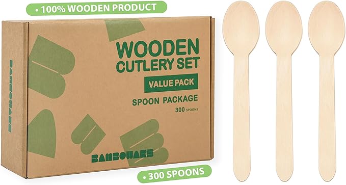 Wooden Spoons 300 Pieces | Natural Birch Wood Disposable Spoons | Biodegradable, Smooth & Durable for Parties, Coffee Shops, and Everyday Meals by Bamboware