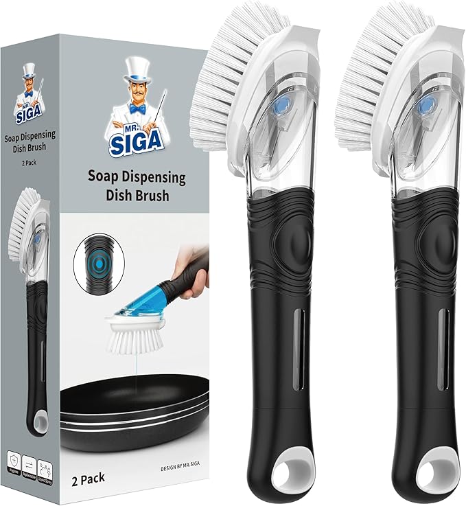 MR.SIGA Soap Dispensing Dish Brush, Kitchen Brush for Pot Pan Sink Cleaning, Black, Pack of 2 by MRSIGA