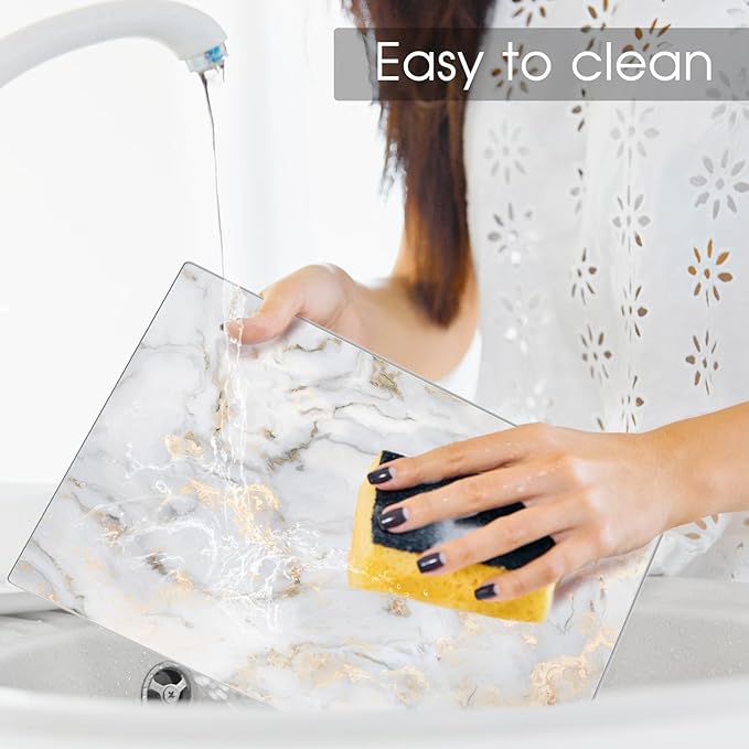 JAMBALAY Tempered Glass Cutting Board for Kitchen, 16"x12" Gold Glass Cutting Board with Design, Marble Chopping Board with Non Slip Feet, Heat & Scratch Resistant, Dishwasher Safe