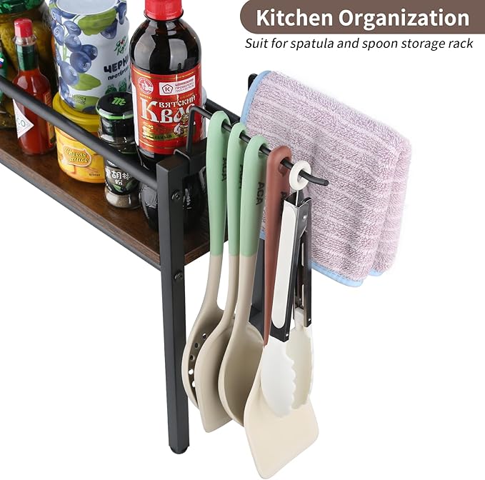 Meangood Spice Rack Shelf for Kitchen Stove, Over the Stove Shelf with 4 Hooks Extra Storage Countertop, Rustic Wood & Solid Metal Commbined Stove Shelf for Storage Seasoning, Easy to Assemble - Image 5