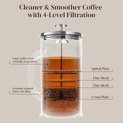 Veken French Press Coffee Maker 34oz 1 L, No Plastic Touching Cafe, Heat Resistant Thickened Borosilicate Glass, Stainless Steel Brewer, Cold Brew Cafetera Teapot for Kitchen Travel Camping, Silver - Image 6