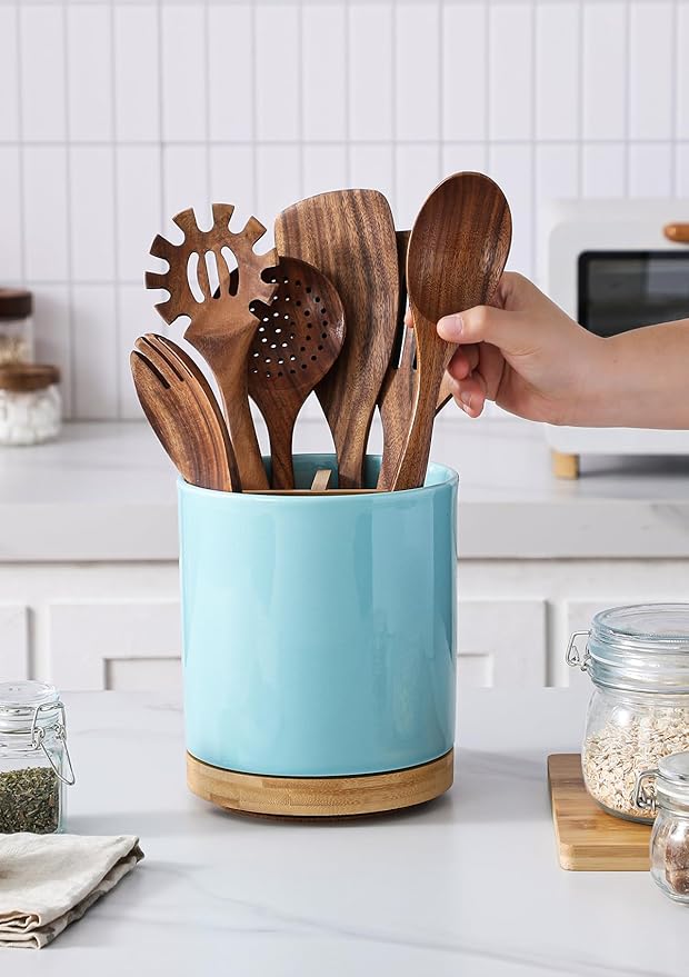 LoeJan 3 Compartment Utensil Holder, Extra Large Utensil Crock, Stable Ceramic Utensil Organizer, Cooking Tool Organizer Set for Kitchen Counter Farmhouse Decor, Turquoise - Image 6