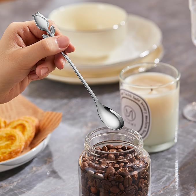 Silver Tulip/Rose Handle 12-Pcs Mini Coffee Spoons Set - 6" Stainless Steel for Espresso, Tea, Dessert - Ideal for Demitasse & Small Servings - Image 3
