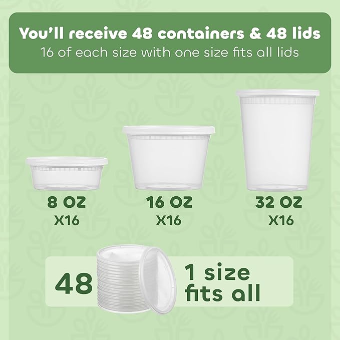 JoyServe 48 Sets Deli Containers with Lids – 8oz, 16oz & 32oz – Leak Proof, Microwaveable, Dishwasher & Freezer Safe – Plastic Food Storage & Soup Containers - Image 2