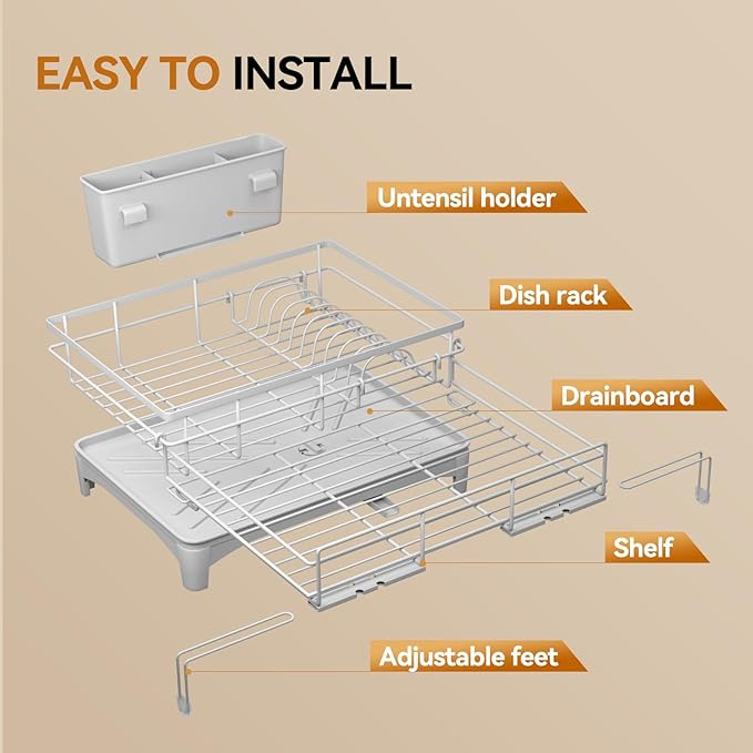 Laveshop Dish Drying Rack - Expandable Rack, Large Capacity Dish Drainer for Kitchen Counter, Rust-Proof with Utensil Holder, Gray - Image 5
