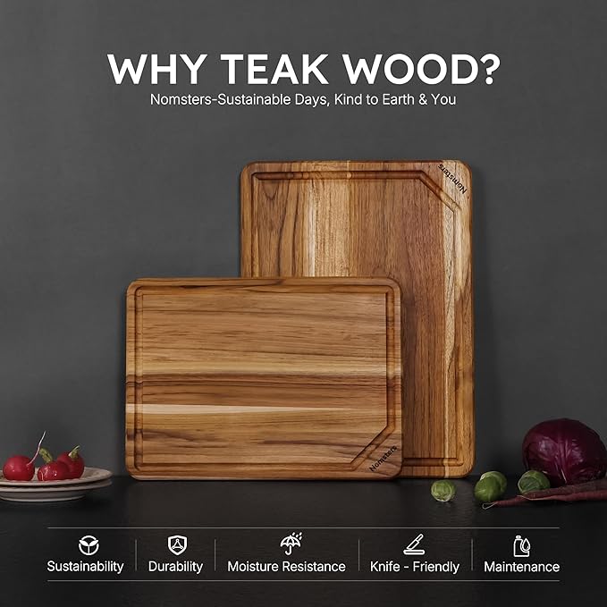 2 Pack Teak Cutting Board for Kitchen Non Toxic Wooden Chopping Board Charcuterie Board Non Slip Over Sink NOT Bamboo Stainless Steel Titanium Acrylic Acacia Olive Glass Plastic Silicone Metal - Image 3