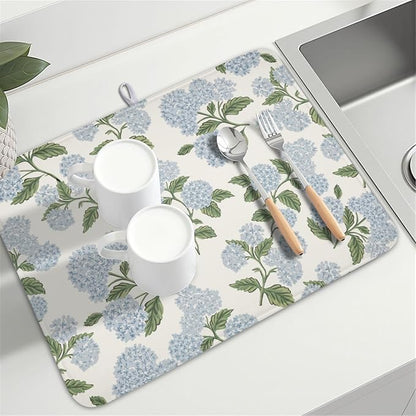 Blue Hydrangea Floral Dish Drying Mat for Kitchen Counter Spring Summer Vintage Flower Microfiber Dish Drainer Mat Rustic Farmhouse Absorbent Washable Drying Pad Extra Large 18"x24"