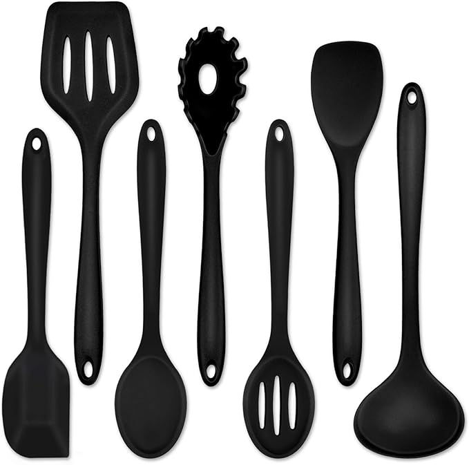 P&P CHEF Silicone Cooking Utensils Set of 7, Heat-proof Kitchen Utensils Set for Nonstick Cookware, Non-stick Spatula, Slotted Turner, Soup Ladle, Pasta Server, Spoon for Cooking Serving - Black by PPCHEF