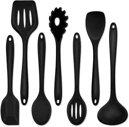 P&P CHEF Silicone Cooking Utensils Set of 7, Heat-proof Kitchen Utensils Set for Nonstick Cookware, Non-stick Spatula, Slotted Turner, Soup Ladle, Pasta Server, Spoon for Cooking Serving - Black by PPCHEF