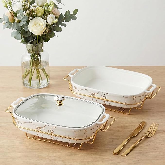 11" x 7" Ceramic Casserole Dish with Glass Lid and rack, 1.3 Quart Serving Soup Tureen,Chafing Dish for Buffet, Family Food preserve Tray, Catering Casserole for Party Style