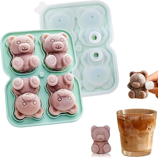 3D Bear Ice Cube Mold, Green Silicone Ice Cube Tray with Lid for Cocktail Whiskey, Large Ice Cube Trays for Freezer, Food Grade Reusable Ice Cube Molds, Cute Candies Chocolate Bear Silicone Molds