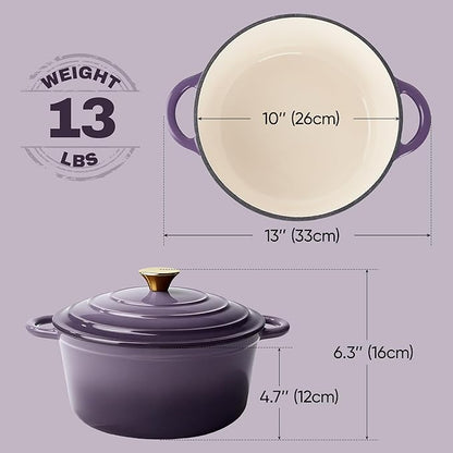 Vintage Style 6 Quart Dutch Oven Pot with Lid, Non Stick Enameled Cast Iron Dutch Oven for Bread Baking, Heavy-Duty, Oven Safe Ceramic Cookware Up to 500°F for Baking, Braising, Stews, Roasting, Purple - Image 4