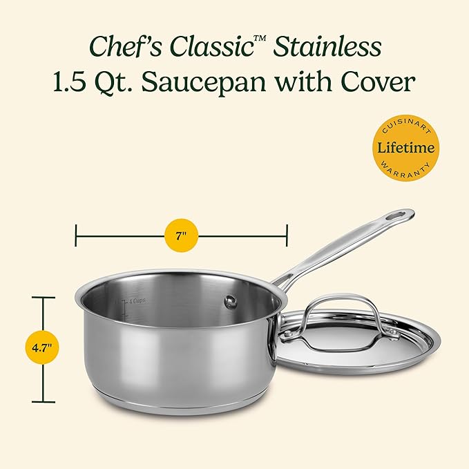 Cuisinart 1.5 Quart Sauce Pan with Cover, Stainless Steel Pot with Lid, Small Kitchen Pots, Dishwasher Safe, Compatible with Induction, Electric, Gas Cooktops, Oven Safe Saucepan, Cool Grip Handles - Image 6