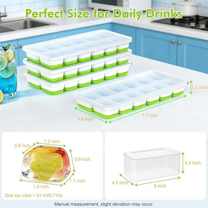NFK Ice Cube Tray with Lid & Bin - 4 Pack 48 Cubes Stackable Silicone Trays for Freezer with Storage Container, Leak-Proof Lids, BPA-Free, Easy Release for Kitchen, RV, Party, Cocktail & Coffee - Image 6