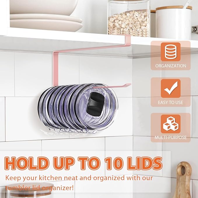 Tumbler Lid Organizer, Horizontal Tumbler Lid Storage Hook Up to 10 Lids, Space Saving Cup Lid Holders Under Cabinet Tumbler Lid Hook for Kitchen Organizer and Storage, Paper Towel Rack Hanger (Pink) - Image 2