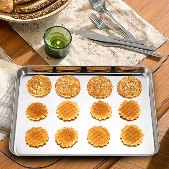 Baking Sheet Set of 2, Stainless Steel 2-Piece Cookie Sheet, Toaster Oven Baking Pan Set, Rectangle Size 16 x 12 x 1 inch, Healthy & Non Toxic, Mirror Finish & Rust Free, Dishwasher Safe - Image 4